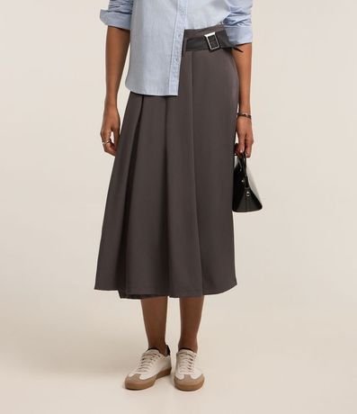 Pollera Midi Evasê Sastrería con Cinturón y Pliegues