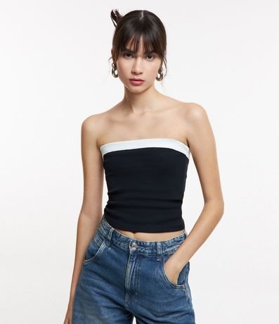 Blusa Cropped en Rib sin Breteles con Detalle Contrastante