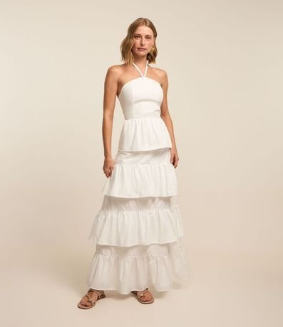 Vestido Evasê Largo en Tricolina con Babados Sobrepuestos