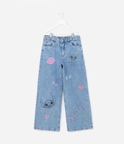 Pantalón Wide Leg Infantil en Jeans con Estampa Stitch - Talle 5 a 14 años