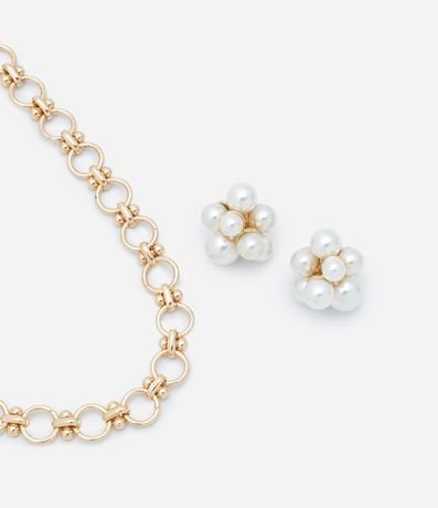 Conjunto de Collar y Caravana Botón con Perlas