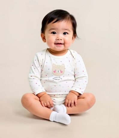 Body Infantil en Algodón con Estampa de Gatita con Corazones - Talle RN a 18 meses