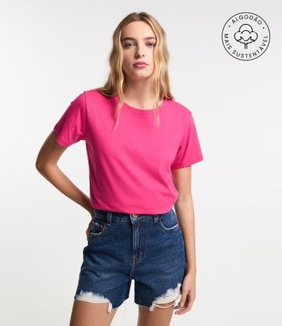 Blusa Alargada Básica en Algodón con Cuello Redondo y Manga Corta