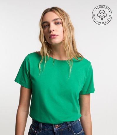 Blusa Alargada Básica en Algodón con Cuello Redondo y Manga Corta