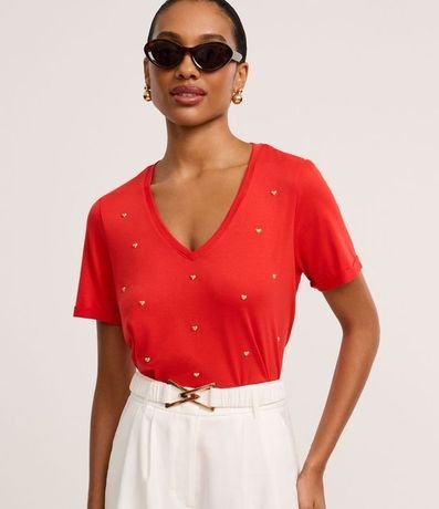 Blusa en Viscosa con Escote V y Corazones Metalizados 2