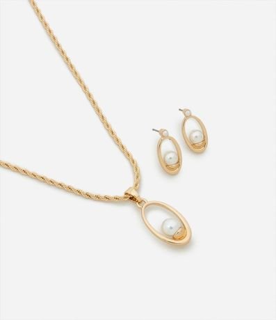 Conjunto de Collar y Caravana con Colgantes de Perla Oval