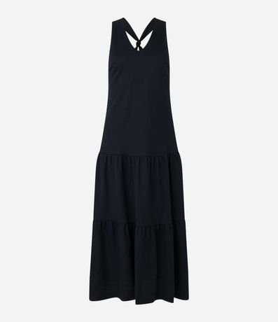 Vestido Evasê Midi en Piquet con Correa Cruzada con Nudo 5