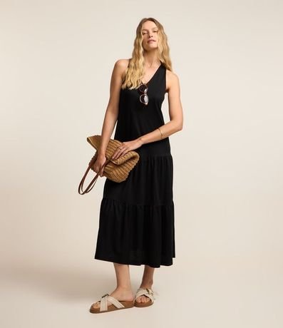 Vestido Evasê Midi en Piquet con Correa Cruzada con Nudo