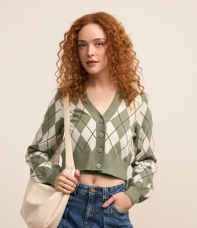 Cardigan Cropped en Punto de Cuadros Argyle