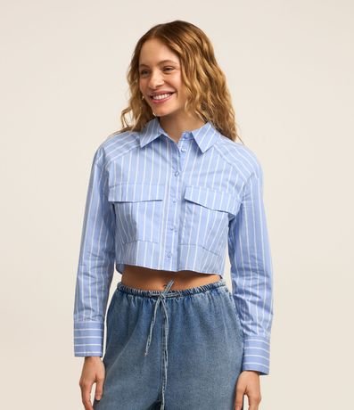 Camisa Cropped Tricolina con Rayas y Bolsos Delanteros