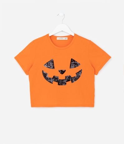 Remera Cropped Infantil con Bordado Cara de Calabaza- Talle 5 a 14 años