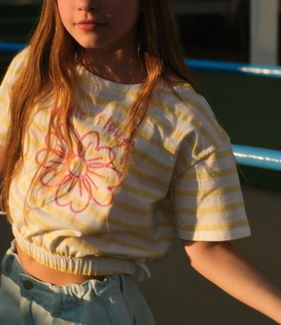 Blusa Infantil Rayada con Bordado de Flor y Moñas en el Bajo - Talle 5 a 14 años