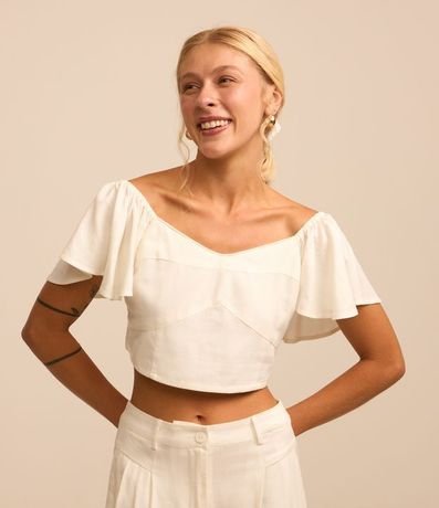 Blusa Corta en Viscosa y Lino con Babados en las Mangas 1