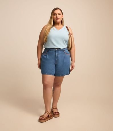 Short Mom Jeans con Bordado en la Cintura y Bolsillo Bajo Plegado Curve & Plus Size