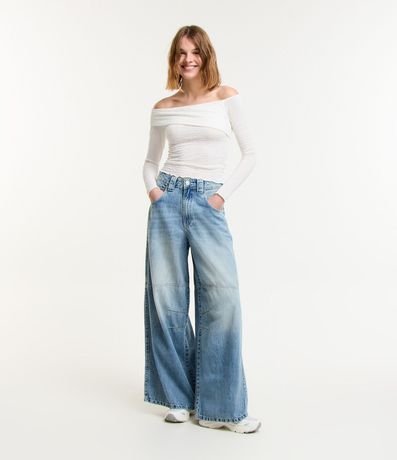 Pantalón Wide Leg en Jeans con Bolsillo Bordado de Cereza