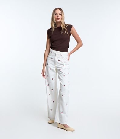 Pantalón Wide Leg en Sarga con Cerezas Bordadas