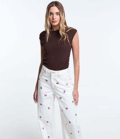 Pantalón Wide Leg en Sarga con Cerezas Bordadas 2