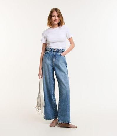 Pantalón Wide Leg en Jeans Efecto Mármol con Cintura Clochard