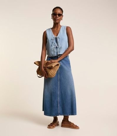 Pollera Midi Evasê en Jeans con Recorte en el Biés