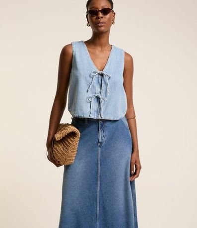 Pollera Midi Evasê en Jeans con Recorte en el Biés 2