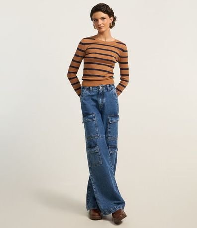 Blusa en Viscosa Rayada con Puños y Bajo Acanalado 2