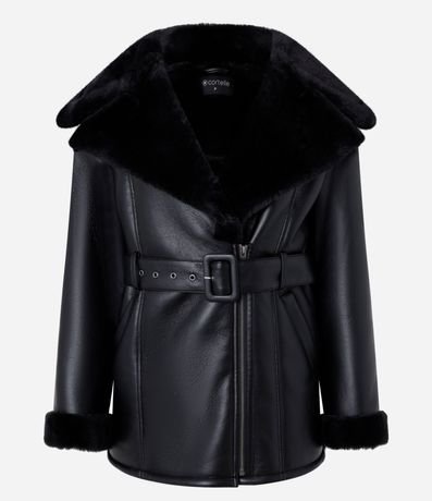 Blazer en PU con Cinturón con Hebilla y Pelos en el cuello y Puño 9