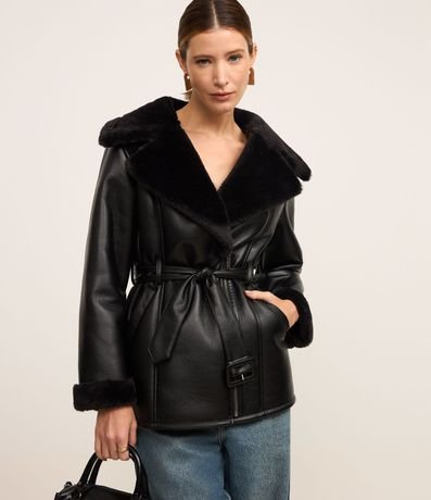 Blazer en PU con Cinturón con Hebilla y Pelos en el cuello y Puño