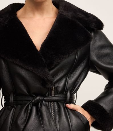 Blazer en PU con Cinturón con Hebilla y Pelos en el cuello y Puño 4