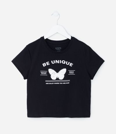 Remera Corta Infantil con Bordado de Mariposa en Lentejuelas - Talle 5 a 14 años