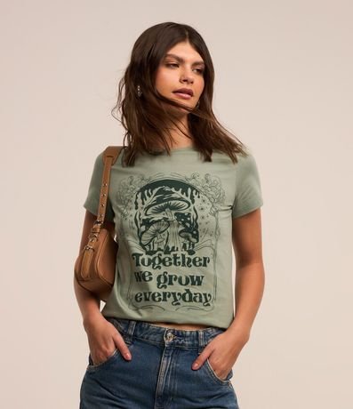 Remera Alargada en Algodón con Estampa de Setas y Lettering