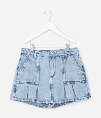 Short Pollera Infantil en Jeans con Pliegues y Bolsillos - Talle 5 a 14 años