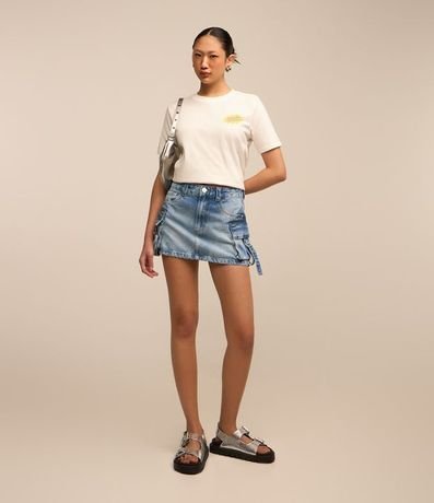 Pollera Corta en Jeans Efecto Mármol con Bolsillo Cargo Hebilla 4