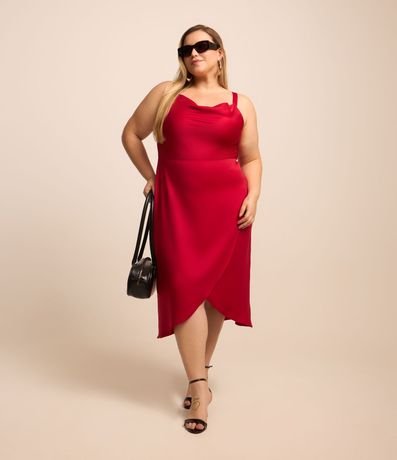 Vestido Midi Satinado con Escote Drapeado y Traspase en la Pollera Curve & Plus Size