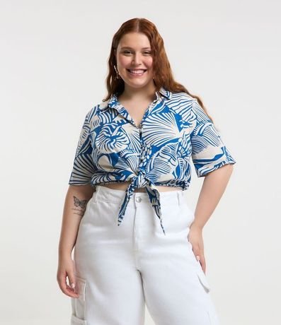 Camisa Cropped en Viscosa y Lino con Estampa Abstracta y Lazo Curve & Plus Size