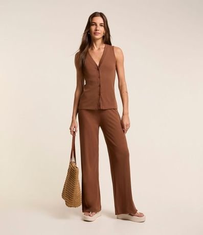 Pantalón Pantalona en Rib con Textura Acanalada y Cintura Elástica