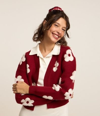 Cardigan Cropped en Jacquard con Flores de Toalla
