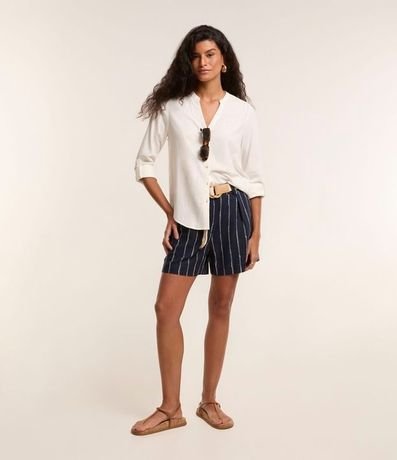 Short en Viscolino Listrado con Cinturón de Ráfia