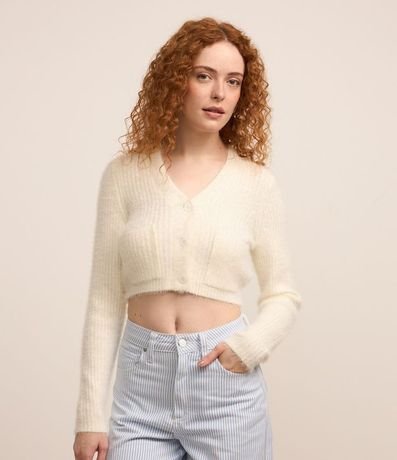 Cardigan Cropped en Punto con Pelito y Bolsillos