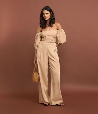 Pantalón Wide Leg Sastrería con Rayas y Bolsillo Cargo