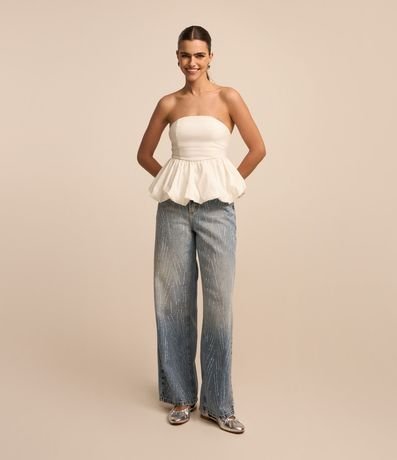 Pantalón Wide Leg en Jeans Denim con Lavado Dirty y Brillos