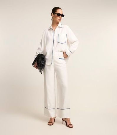 Pantalón Wide Leg y Viscosa con Detalles de Bies Contrastante