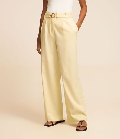 Pantalón Wide Leg en Viscolino con Tiro Alto y Cinturón con Hebilla de Metal 2