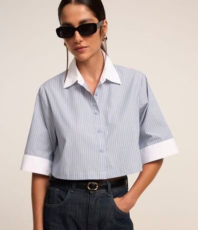 Camisa en Tricolina Cuello con Solapa y Manga 3/4 Contrastantes Estampa Hilo Teñido