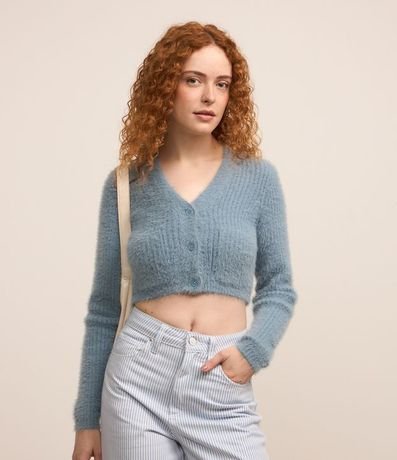 Cardigan Cropped en Punto con Pelito y Bolsillos