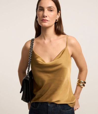 Blusa Tela Satinada con Escote Drapeado y Breteles Finos