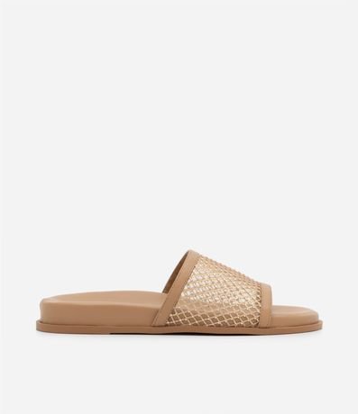 Sandália Rasteira Slide com Tela e Strass Aplicados