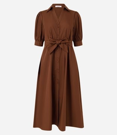 Vestido Midi Manga Corta Abullonada en Tricolina con Lazo en la Cintura