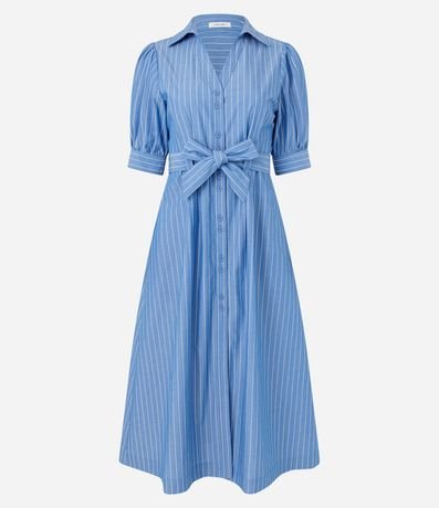 Vestido Midi con Mangas Abullonadas en Tricolina y Lazo en la Cintura