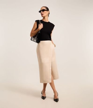 Saia Reta Midi em PU com Transpasse Envelope