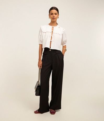 Pantalón Wide Leg Sastrería con Lapelas y Pliegues
